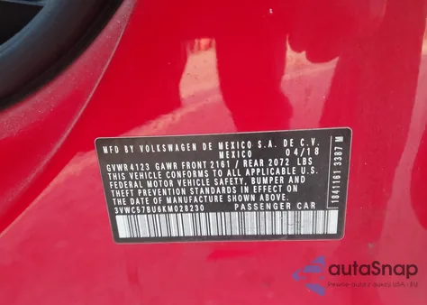 2019 Volkswagen Jetta 1.4T R-Line/1.4T S/1.4T Se z USA, uszkodzony, nr VIN 3VWC57BU6KM028230